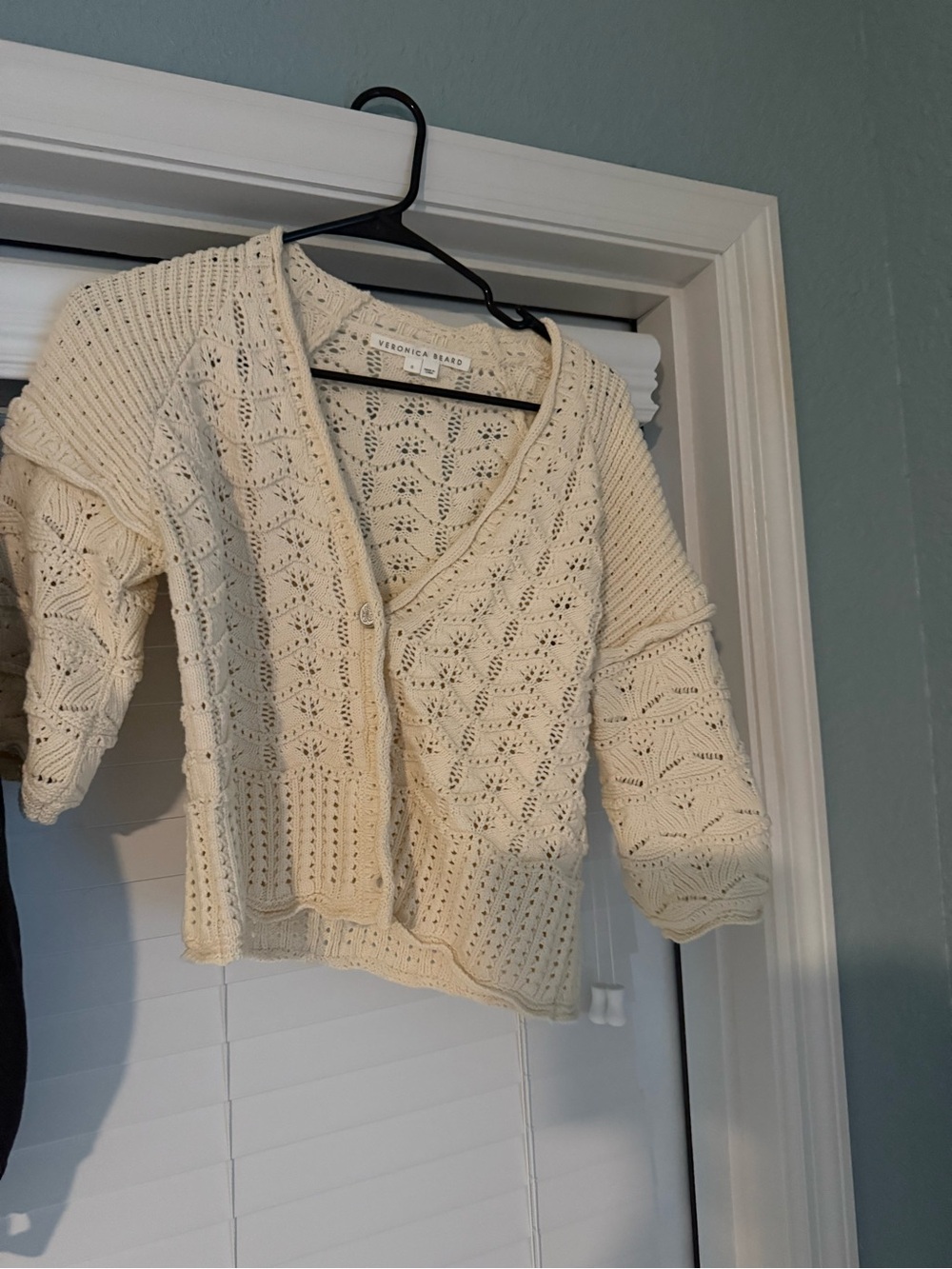 Veronica Beard Oswald Cream Crochet V-Neck Cardigan